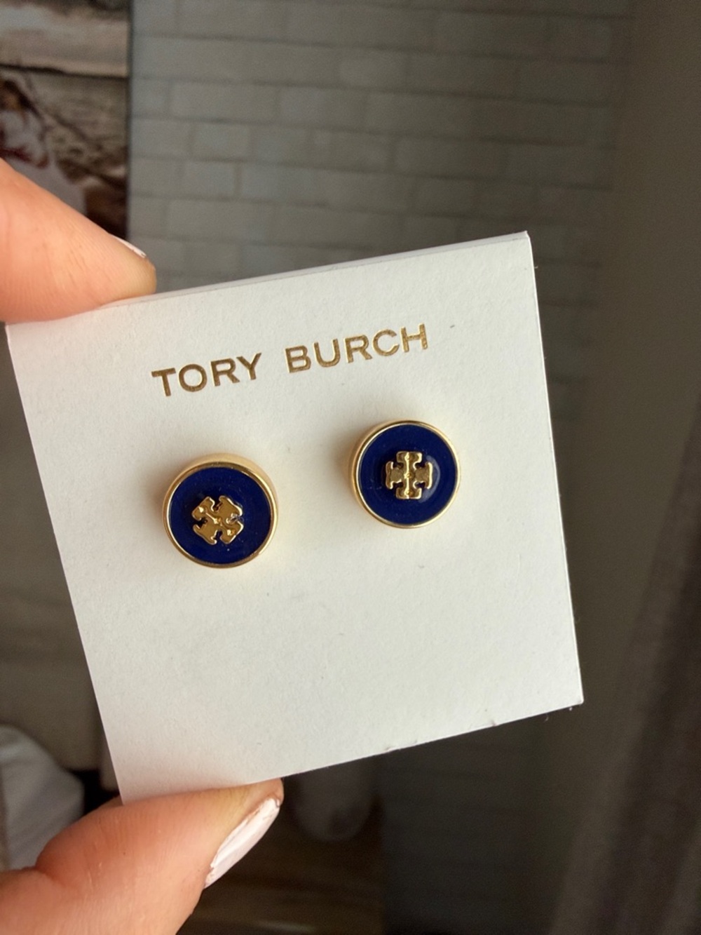 Tory Burch Navy and Gold Round Logo Stud Earrings - Picture 5 of 5